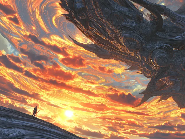 異星の風景に浮かぶ巨大な有機構造を観察する人物 2K 壁紙