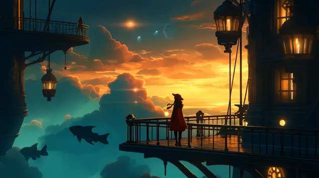 figur um balkon mat vue op den himmel a schwiewende feschkreaturen eroflueden