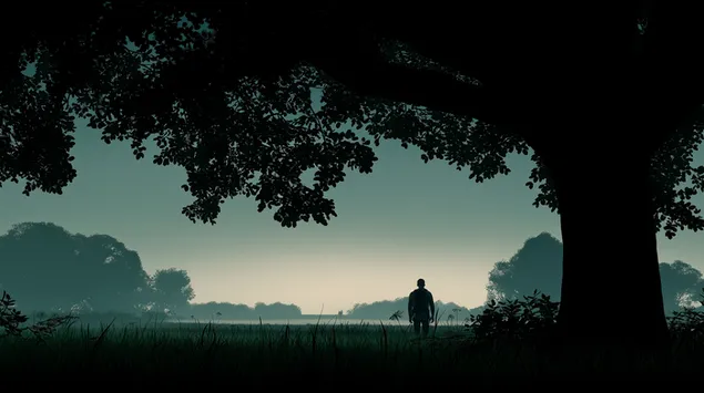 煙波浩渺大樹下人物 2K 壁紙