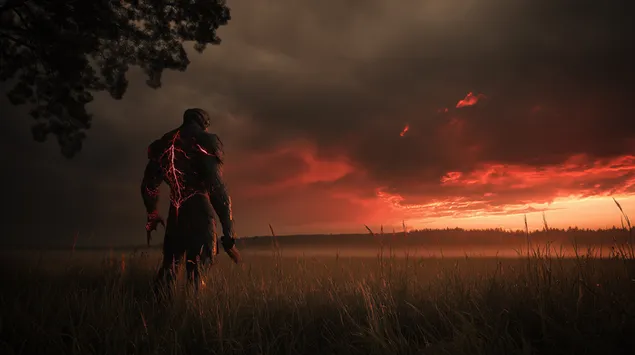 Фигура са светлећим венама стоји у пољу сумрака 2K позадина