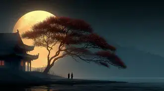 사원과 거대한 달 구체가 있는 나무 근처의 인물들 2K 배경화면
