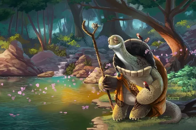 Descărcare Film de animație Kung Fu Panda, broasca țestoasă înțeleaptă Oogway pe malul lacului cu sceptrul în mână