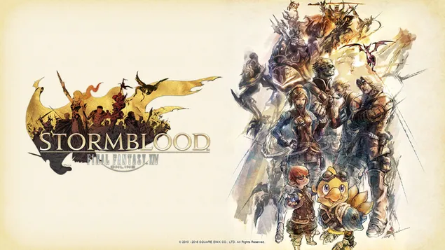 Tapeta Final Fantasy XIV Stormblood - Hyur, Chocobo, Lalafell, Omega Weapon & Roegadyn 2K