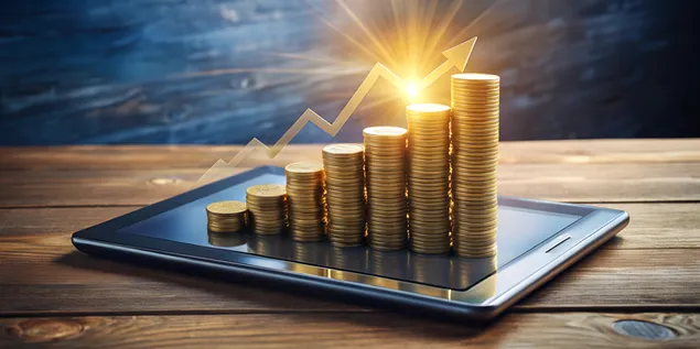 Tapeta Koncept finančného rastu so zlatými mincami, stúpajúcou šípkou na obrazovke tabletu a úhľadne usporiadanými papiermi na drevenom stole 4K