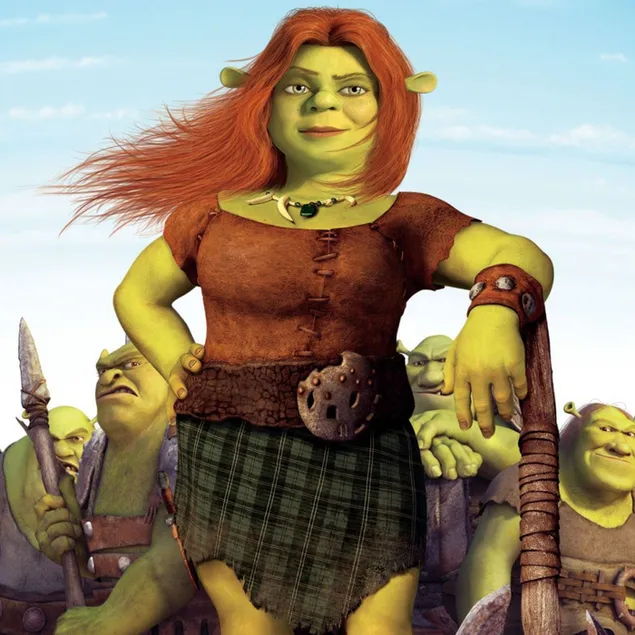 Fiona, la princesa de cabello naranja y ojos coloridos y los gigantes verdes en la película animada de Shirek