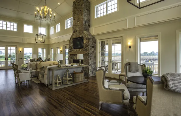 Pejs Stenvæg med spisebord og sofa 2K baggrundsbillede