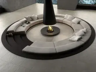 fireplace with circular interior sofa design