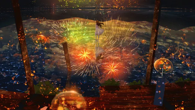 Fireworks Anime Scenery 4K wallpaper download
