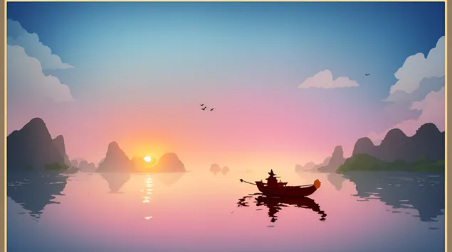 Fishing boat reflection at sunset 2K wallpaper