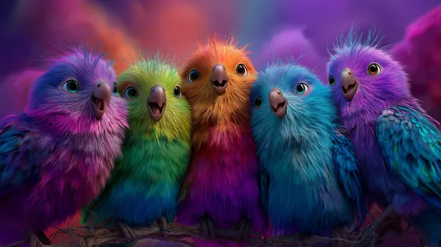 muat turun lima burung gebu ceria bertenggek dengan bulu dinamik