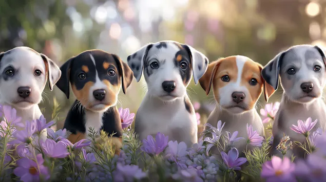 Lima Anak Anjing di Padang Bunga pada Hari yang Cerah 2K kertas dinding