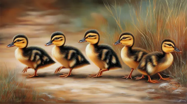 viis vaikest kohevat pardipoega siuglevad uhes reas allalaadimine