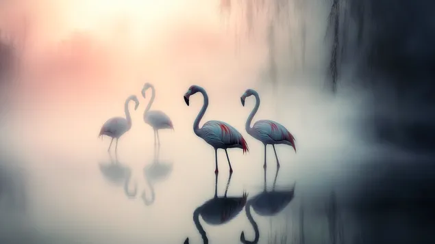 burung flamingo di danau 2K wallpaper