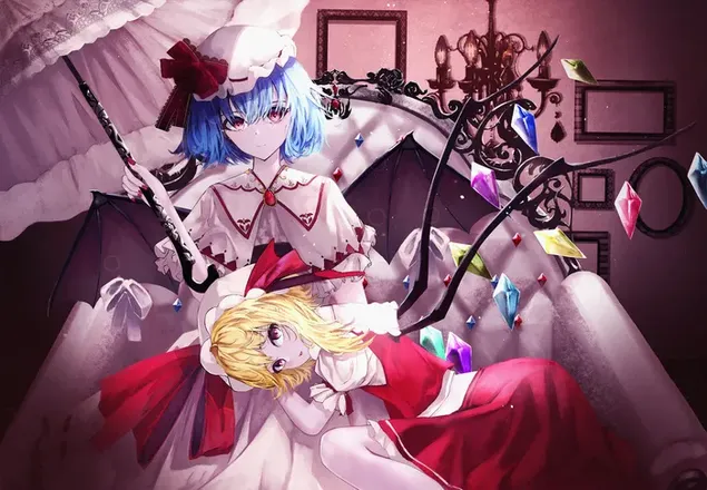 Taustpilt Touhou animest pärit Flandre scarlet ja Remila scarlet 2K