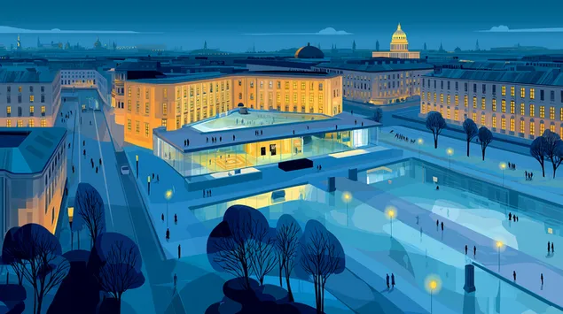 Vektorski prikaz moderne muzejske arhitekture na gradskom trgu 2K pozadina