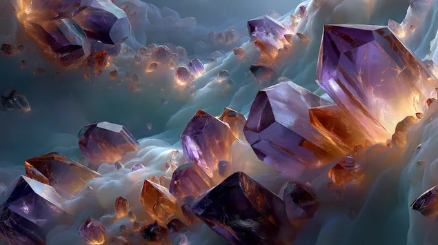 Floating Amethyst and Citrine Crystals in Ethereal Storm Eye 2K wallpaper