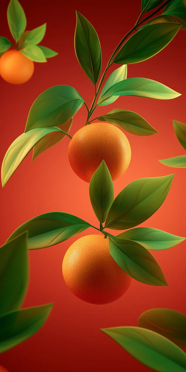 Lebegő citrusfélék levelekkel egyszerű, élénk háttér előtt HD háttérkép