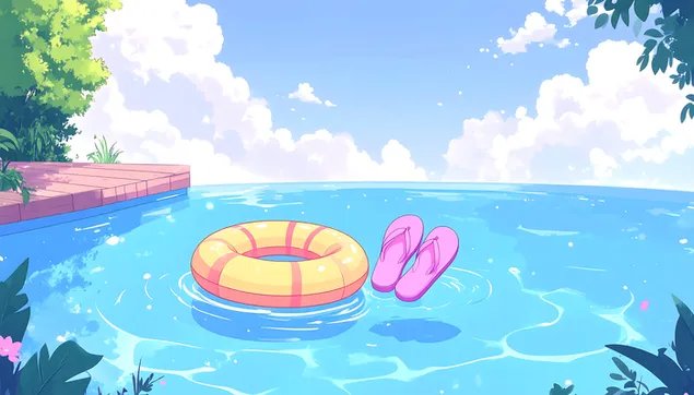 Drijvende binnenband en slippers in een cartoonzwembad 8K achtergrond