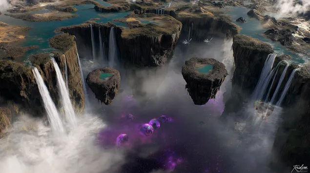 Plutajući otoci s vodopadima i mističnom ljubičastom izmaglicom 2K pozadina