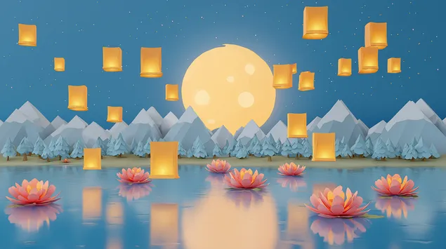 大月下的浮燈和蓮花 2K 壁紙