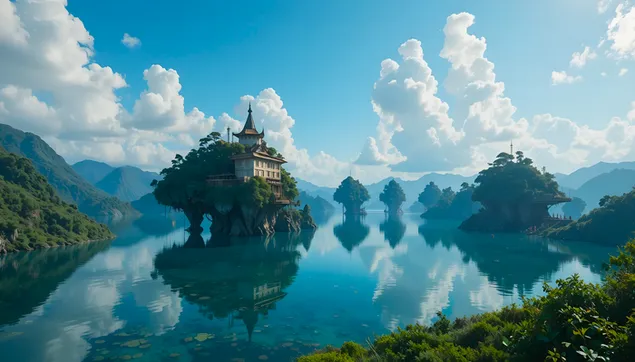 水上宝塔屋：宁静的湖泊、群山和蓝天 4K 壁纸