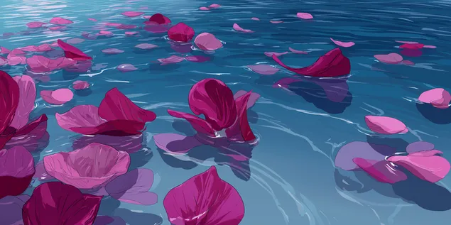 muat turun kelopak terapung di permukaan air yang tenang dengan riak lembut