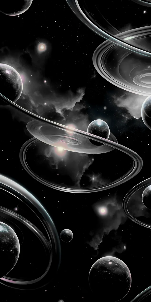 흑백 테마의 떠다니는 행성 2K 배경화면