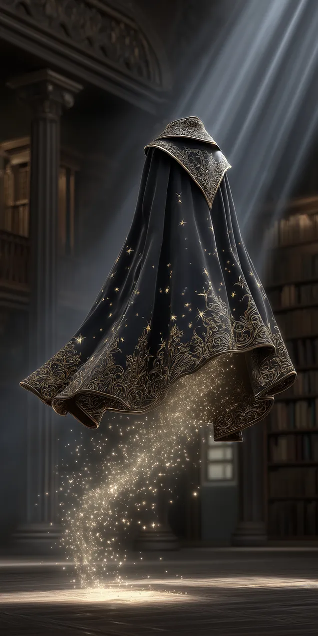 mantel magjistari lundrues me qendisje te arte ne sallen e bibliotekes se lashte shkarkim