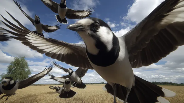 Flokk med fugler i flukt over gyllent felt under blå himmel 2K bakgrunn