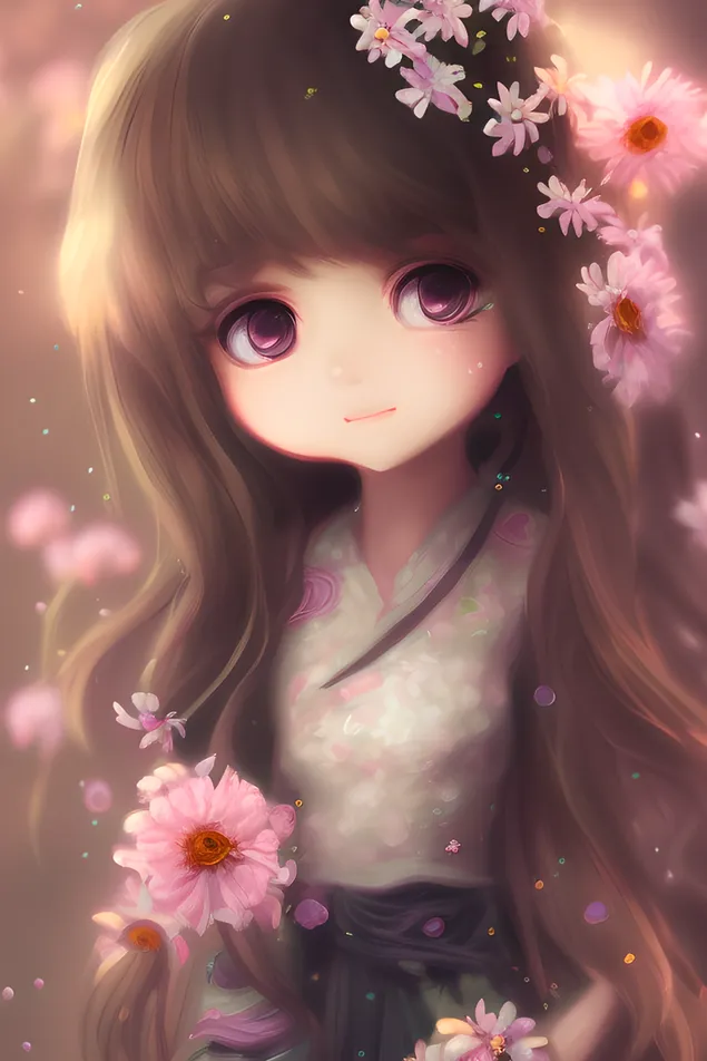 Шпалери Квітка аніме дівчина фон 4K