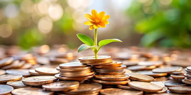 Tapeta Kvet kvitnúci z mincí symbolizujúcich bohatstvo a prosperitu 4K