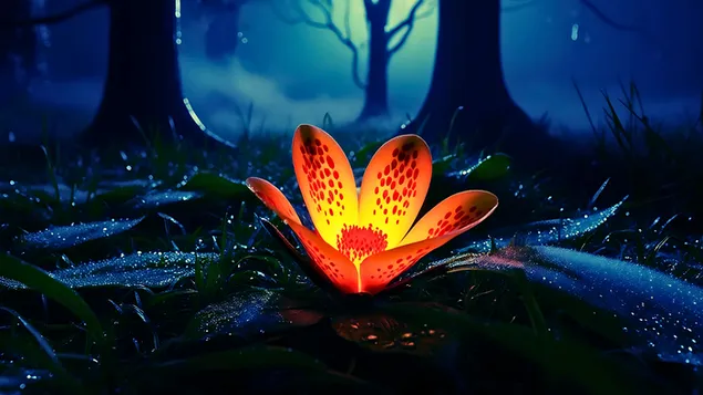 Gėlių užburtas žydėjimas – žėrinti gėlė apšviečia tamsią miško paklotę, skleisdama eterinę šviesą 4K ekrano užsklanda