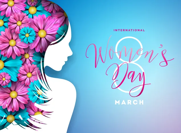 Blumenhaar der weiblichen Silhouette und Schriftzug zum internationalen Frauentag am 8. März 4K Hintergrundbild
