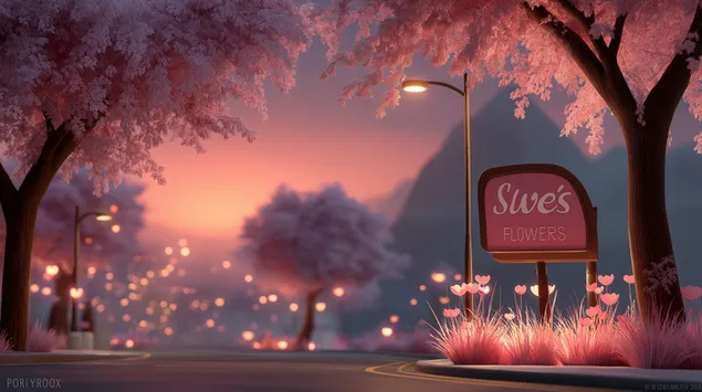 Blomwinkelteken te midde van bloeiende bome by sonsondergang 2K muurpapier