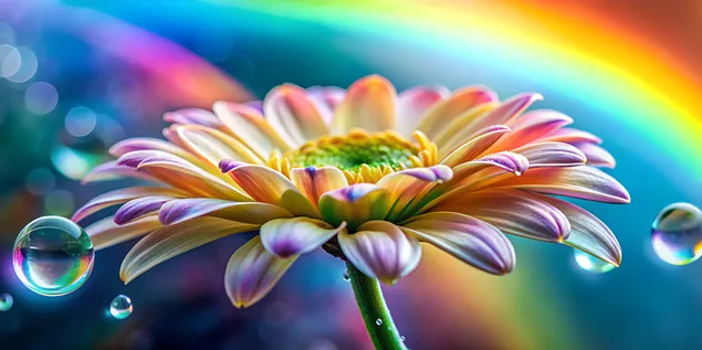 Blom met deursigtige druppels en 'n reënboog-effek, vaag bloeiende agtergrond 4K muurpapier
