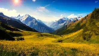 산이 있는 꽃밭 풍경 2K 배경화면