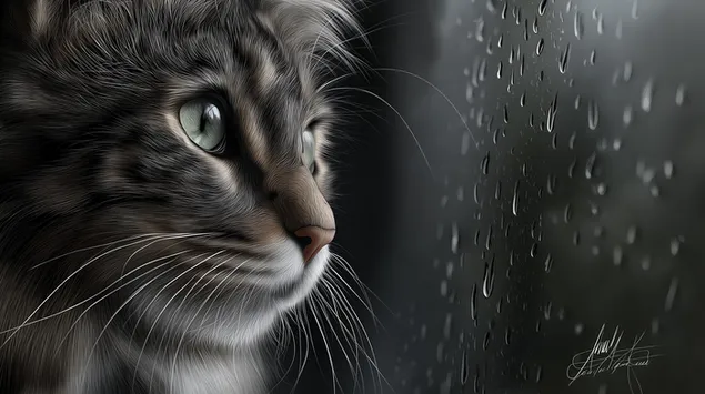 חתול רך מביט החוצה מחלון גשום עם טיפות גשם 2K טפט
