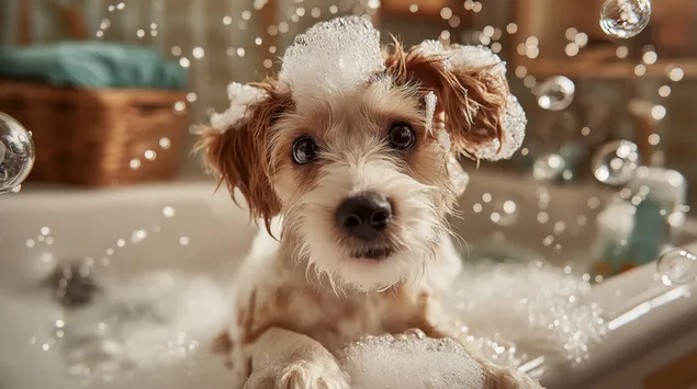 Tapeta Nadýchané, veselé štěně si doma užívá teplou bublinovou koupel 2K