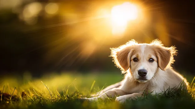 Tapeta Nadýchané štěně zlatého retrívra na slunné louce při západu slunce 2K