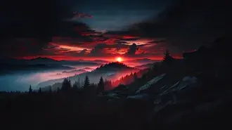 silhouette brumeuse des montagnes et de la foret au coucher du soleil telechargement