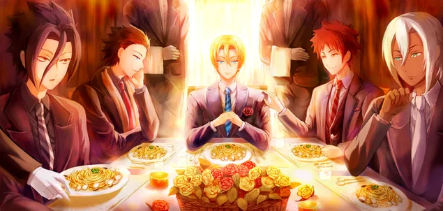 ¡Guerras de comida! Shokugeki No Soma - Ryo Kurokiba, Isami Aldini, Takumi Aldini, Soma Yukihira & Akira Hayama 4K fondo de pantalla