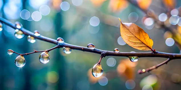 Meža zars ar caurspīdīgiem pilieniem, fokusēts uz rasu un maigi izplūdušu lapu fonu 4K fona tapete