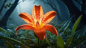 Forest Lily Glow: un giglio arancione risplende intensamente in una foresta nebbiosa, creando una scena magica. 4K sfondo