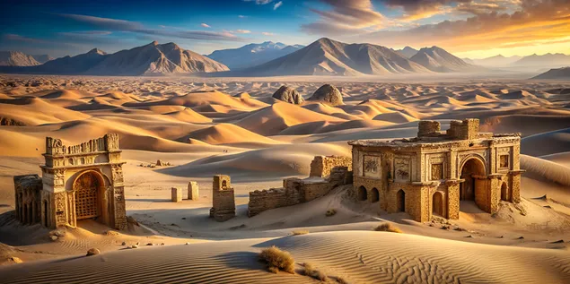 被遗忘的沙漠遗址半埋在沙子中，上面有复杂的雕刻和远处的山脉 4K 壁纸