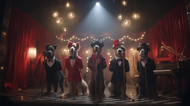 eine formelle hunde-vokalgruppe tritt mit mikrofonen auf der buhne auf. herunterladen