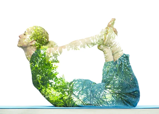Foto de naturaleza manipulada de mujer haciendo yoga y fondo blanco.