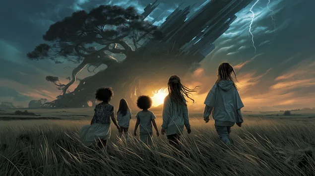 ארבעה אנשים הולכים בשדה עשב לעבר שקיעה דרמטית ומבנה מפואר ויוצא דופן במרחק. 2K טפט