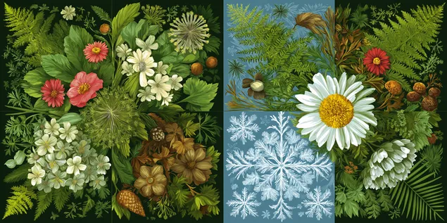 四季植物與元素的天然拼貼畫 2K 壁紙