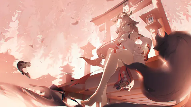 นางจิ้งจอก Yea Miko ที่ประตูวัด | ผลกระทบกันชิน 4K วอลเปเปอร์