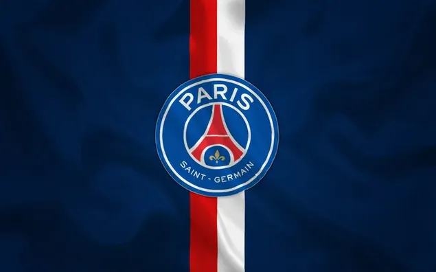 Logotip del club de futbol Paris Saint Germain de la lliga 1 de França entre línies vermelles i blanques davant d'un fons blau 2K fons de pantalla